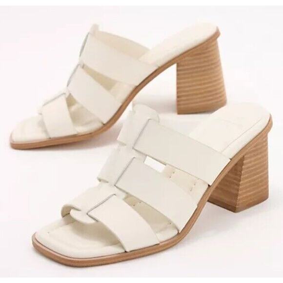 New Marc Fisher LTD Louisa Leather Block Heel Slip On Mules Woven Ivory Size 11M - Picture 1 of 8